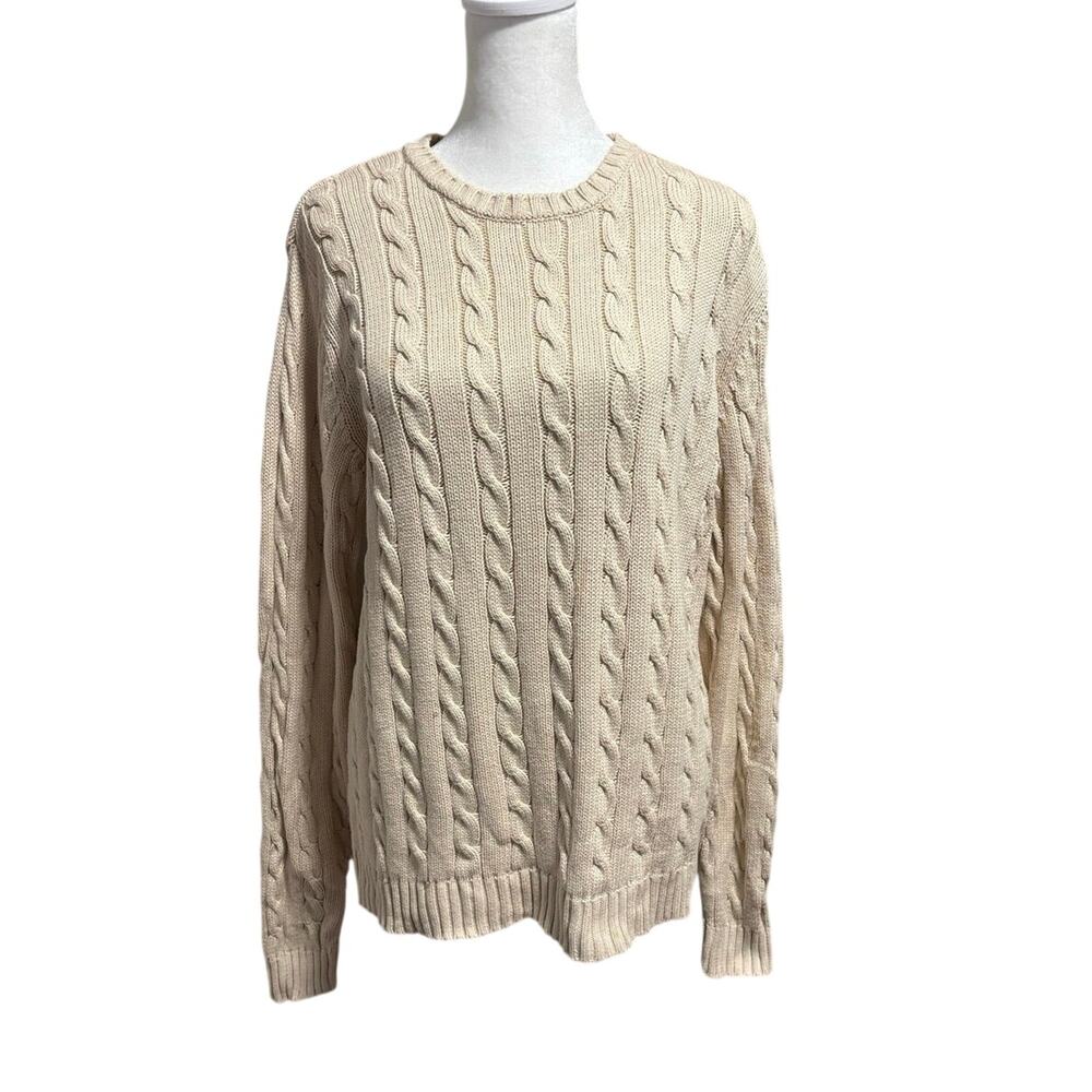 🌻 2/$20 Lands End Women’s M Cable Knit Sweater Fisherman Crewneck Cream FLAW
